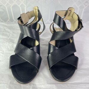 Michael Kors Black Leather Crisscross Clear Block Ankle Strap Sandals Size 8.5M